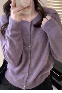 秋冬圆领长袖纯色开衫女宽松百搭休闲针织毛衣外套上衣图片