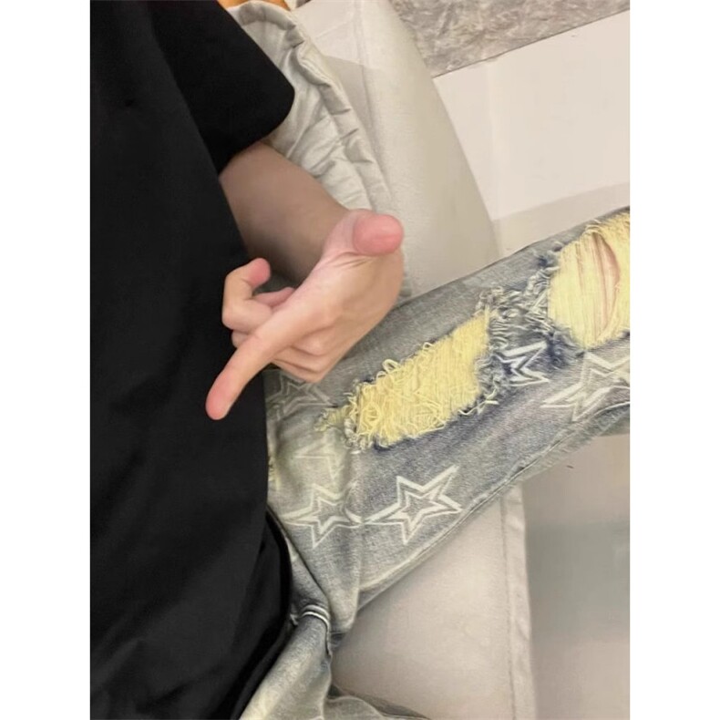 网红同款复古印花五角星牛仔裤男修身直筒欧美个性破Y洞休闲长裤,男装牛仔裤,星座506A