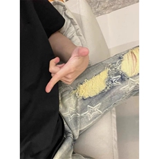 网红同款复古印花五角星牛仔裤男修身直筒欧美个性破Y洞休闲长裤，男装牛仔裤，星座506A