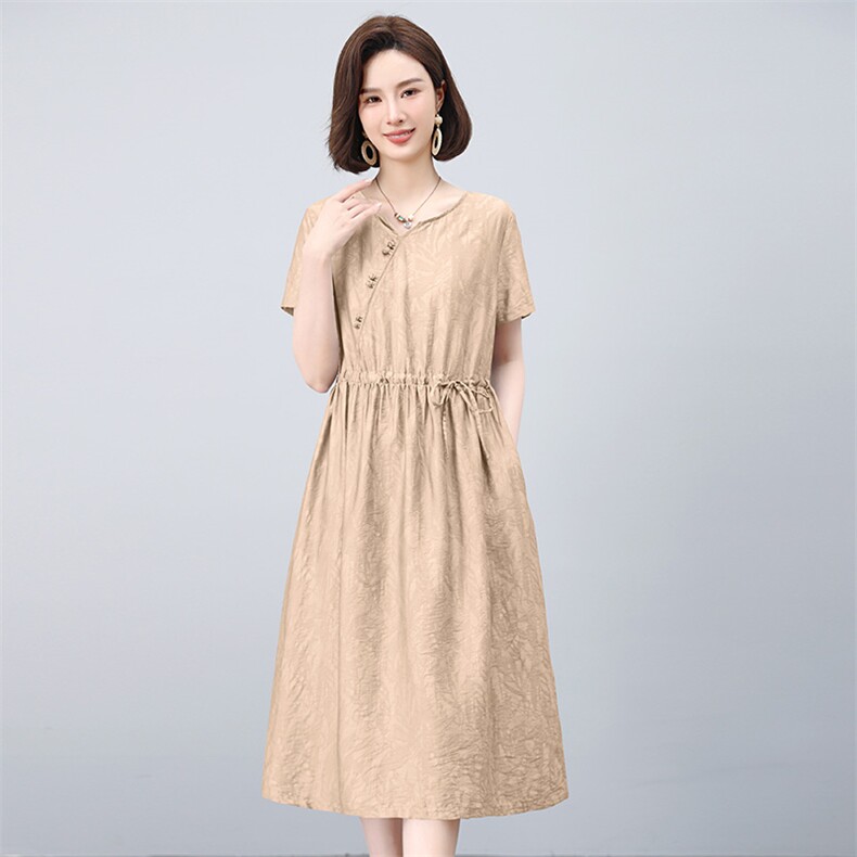 2025夏装新款新中式盘扣收腰显瘦短袖连衣裙,女装连衣裙,雪樱依海