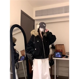 现货重磅boxy短款棉衣座山雕大毛毛领男女棉服水洗工装厚外套图片