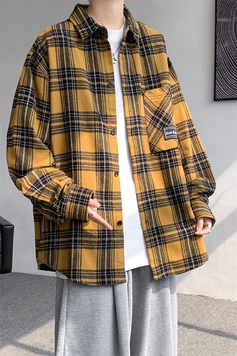 衬衫男2025春季新款港风宽松格子大码长袖衬衣CS258-P45(现货),男装衬衫,星座214-3