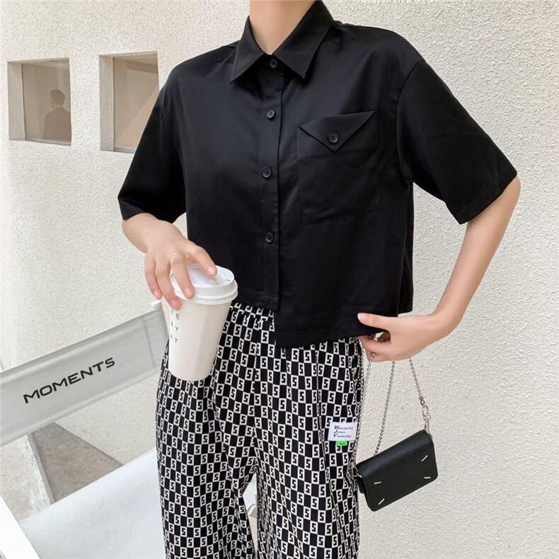 【现货】跳色裤子?短款不规则衬衣，女装，壹题YITI