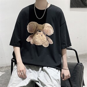 韩系简约原创小熊印花短袖T恤大码宽松男潮517A-1-T913-P28控38图片