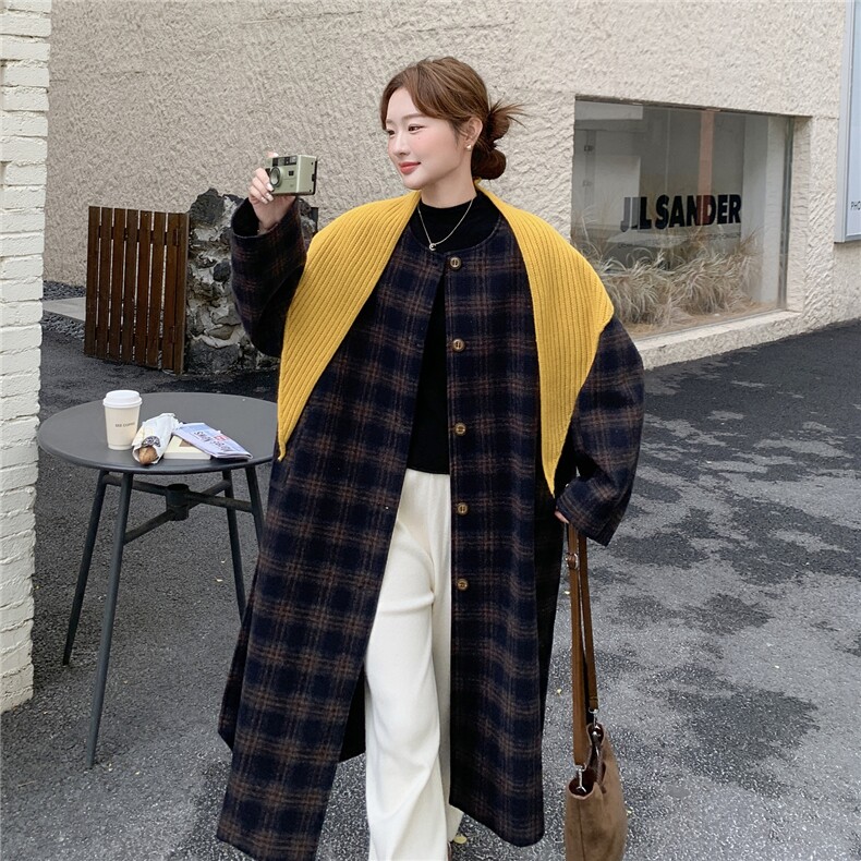 巨好看撞色披肩格子收腰夹棉大衣女秋冬2025新款设计绝美加厚外套,女装毛呢外套,2C159