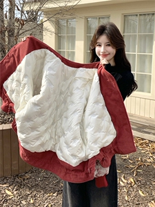 红色小众设计感围巾款羽绒服女冬季2026新款韩版加厚新年喜庆外套图片