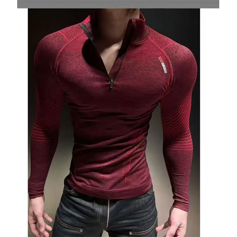 t战马提花无缝科技训练长袖健身运动半拉链紧身t恤男CU015P40，男装T恤，电商D256