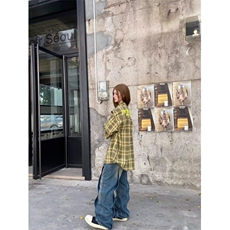 美式复古绿色格子衬衫男女宽松设计感上衣休闲长袖衬衣外套春秋，男装衬衫，星座506A