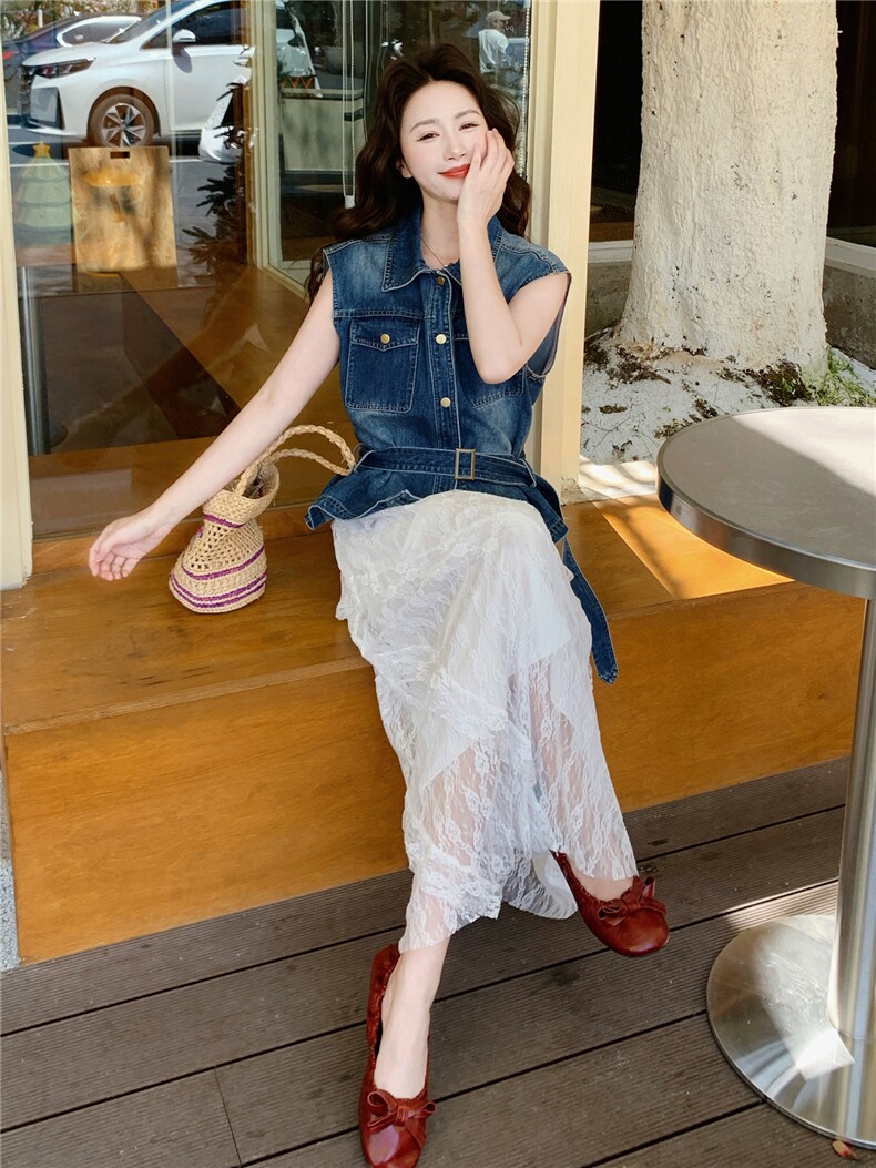 超好看穿搭一整套2026夏季韩系显瘦牛仔坎肩马甲蕾丝半身裙两件套,女装套装/套裙,冬木谷雨
