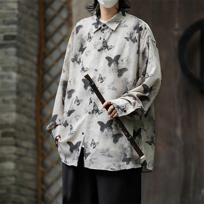 风小众设计蝴蝶短袖男女薄款宽松垂感复古水墨印花衬衣开衫外套，女装短外套，星座505-2（原电商A260-1)