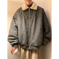 美式复古棕色皮衣外套男秋冬季潮牌高级感夹棉加厚羊羔绒夹克棉衣，男装夹克，星座506A