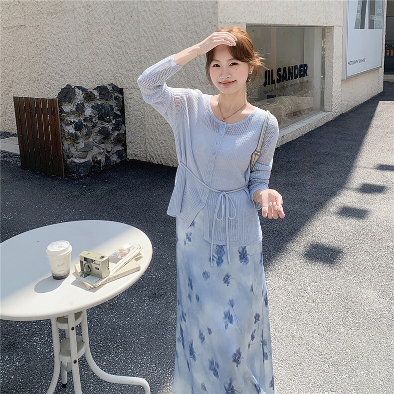 法式温柔风针织开衫印花半身裙两件套女春夏气质氛围感穿搭A字裙,女装套装/套裙,维壹