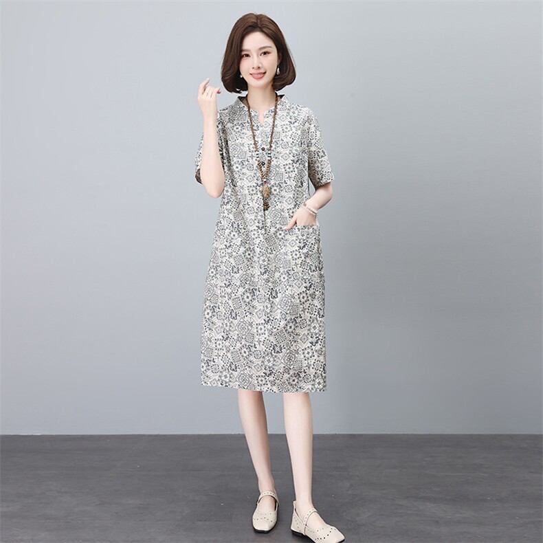 妈妈复古印花高端精致减龄连衣裙女士2026夏季宽松显瘦贵夫人裙子,女装连衣裙,依恋蒂丝