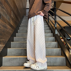 8XL-M特大码港风重磅棋盘格卫裤男士休闲运动裤直筒阔腿裤K961P60，男装休闲裤，电商D206-1