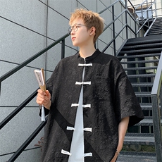 2026夏新款潮男新中式碎花盘扣短袖五分袖衬衫CS380/特P35黑色，男装衬衫，电商A094