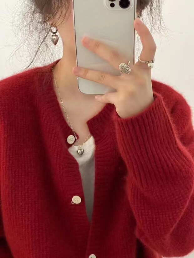 慵懒风复古软糯V领开衫毛衣女外穿短款宽松春秋冬,针织衫/毛衣,羿纯羊绒