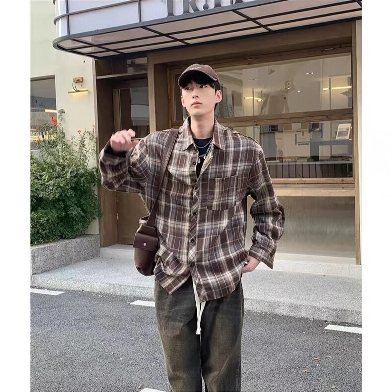 日系慵懒风格子衬衫男春秋季复古小香风长袖衬衣CSA344-P39,男装衬衫,星座208-5