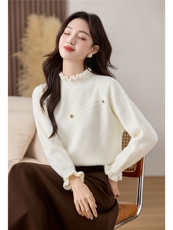 套头打底外穿毛织宽松毛衣带花朵，女装针织衫/毛衣，乐吉娜