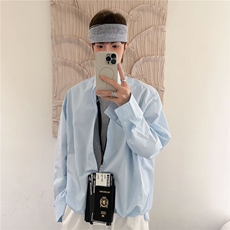网图简约假两件设计感衬衫百搭宽松休闲纯色男衬衣D453特P50，男装衬衫，电商A335-1（原A458）