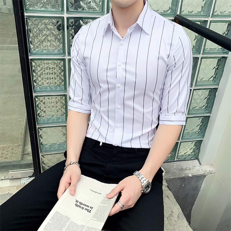 2021夏款七分袖条纹衬衫男中袖半袖短袖衬衣A470-CS03-P40,男装衬衫,电商A207