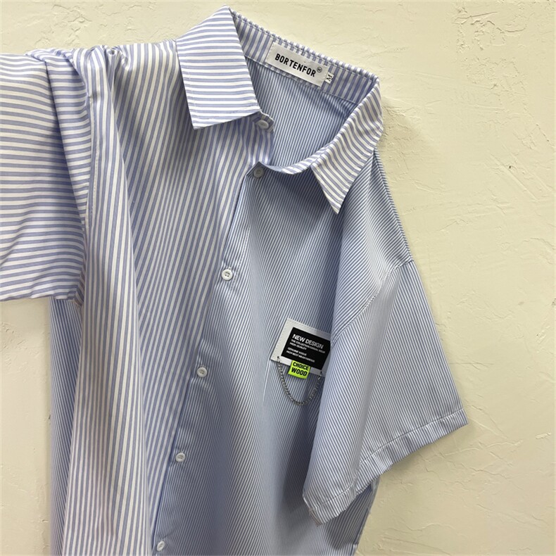 特P29控58高品质全棉冰丝条纹短袖衬衫港风撞色衬衣XCS222,男装衬衫,电商B370