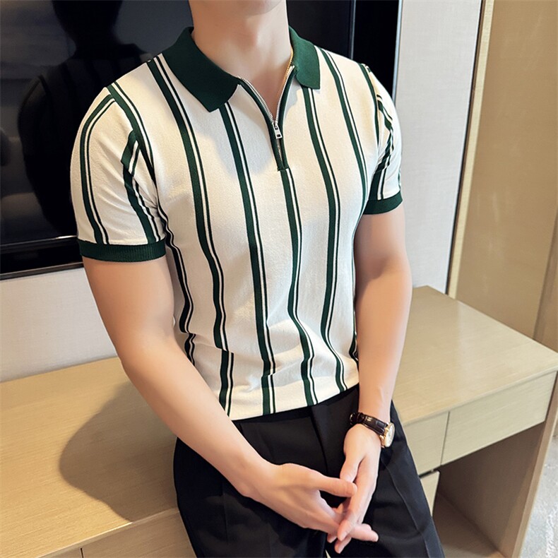 盗图百搭条纹拉链翻领冰丝短袖Polo衫PL69/P55控69,男装Polo衫,电商A243