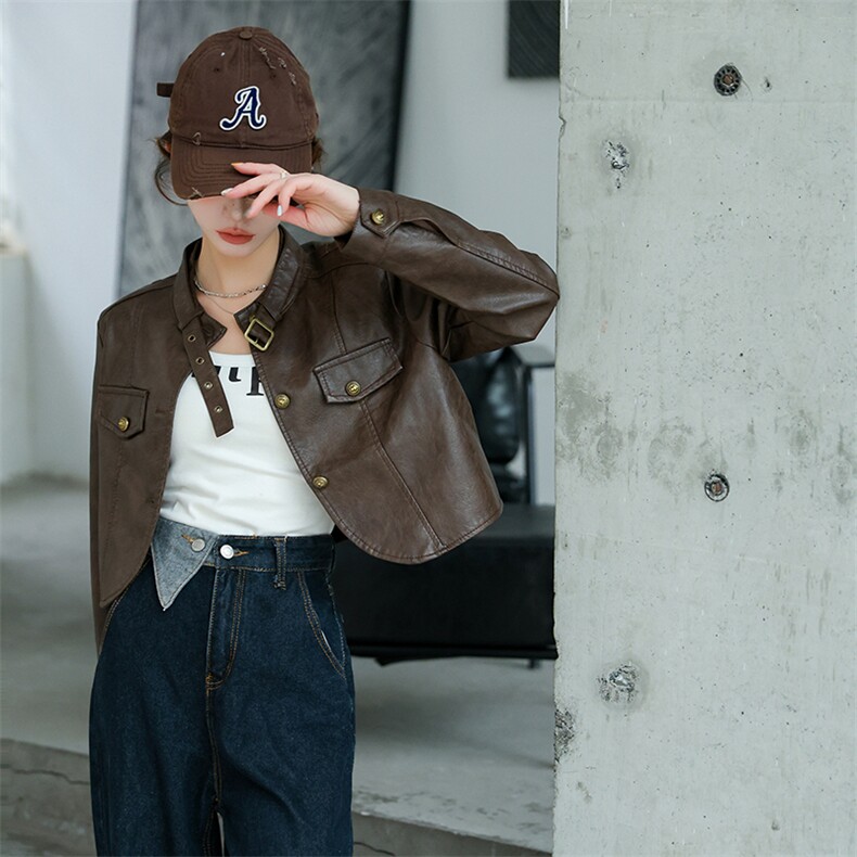 2024春装新款率性复古机车皮衣外套，女装皮衣，美拉德工厂直营店