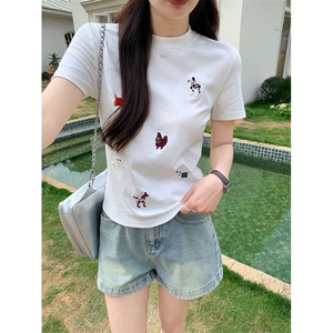 H0626-P35短袖t恤女夏2026新款刺绣短款修身正肩圆领韩版上衣图片