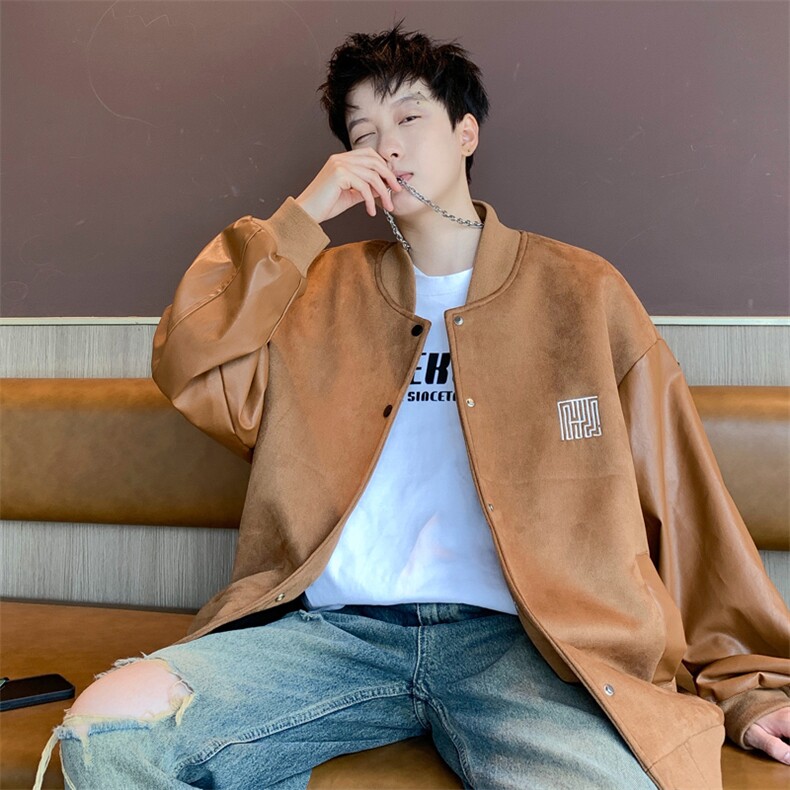 直播！2023新款男士加厚鹿皮绒拼皮夹克棒球服外套JK191P85控138,男装夹克,电商B220