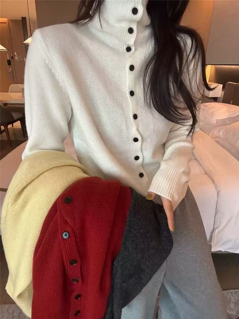 2025年秋季甜美单件长袖针织时尚百搭通勤休闲开衫系扣，女装针织衫/毛衣，半城羊绒