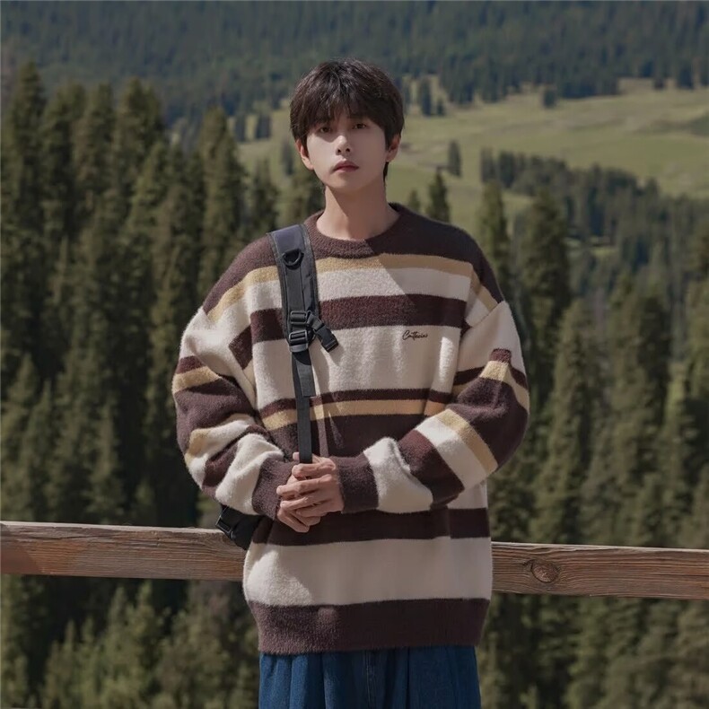 复古学院风拼色条纹圆领毛衣男冬季美式宽松套头针织衫MY213P48，男装针织衫/毛衣，星座1013-5