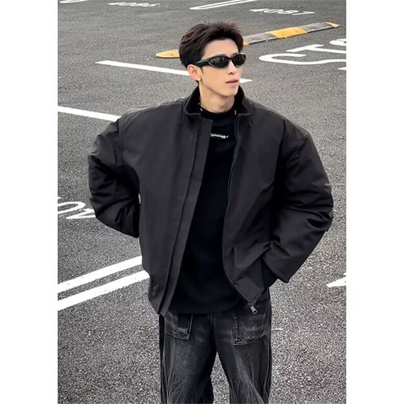抖音得物美式潮休闲夹克春季立领纯色复古工装加厚棉服外套AMY02,男装夹克,电商A443