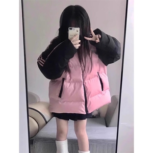 美式拼色条纹棉衣立领棉服女冬季宽松面包外套潮图片