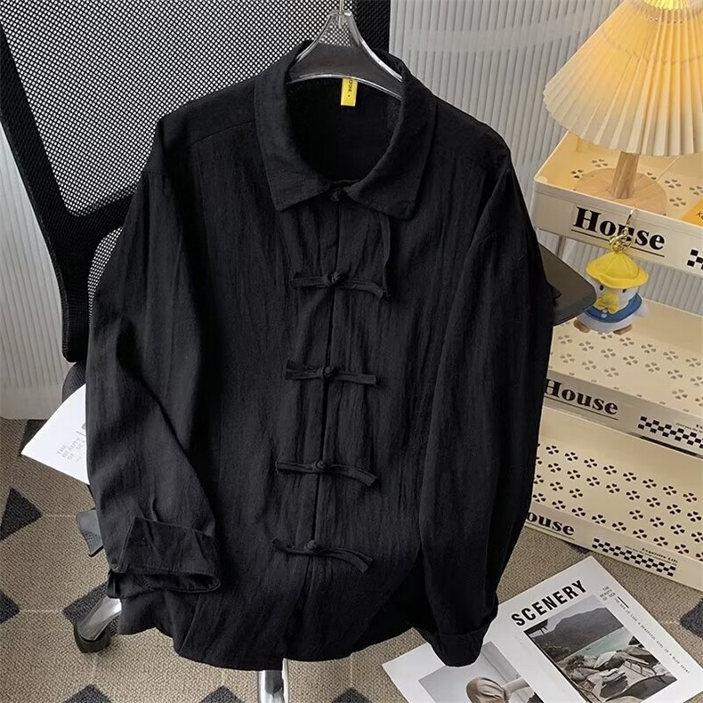 新中式男装风盘扣衬衫男长袖潮高级感衬衣外套春秋汉服道袍图片