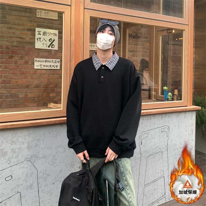 polo领卫衣男宽松学院风长袖假两件加绒外套W4693JR(加绒)-特P42,女装短外套,电商A007