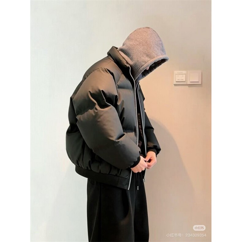 网图美式假两件PU皮短款棉服男款冬季加厚工装棉袄连帽外套,男装棉衣,电商C307