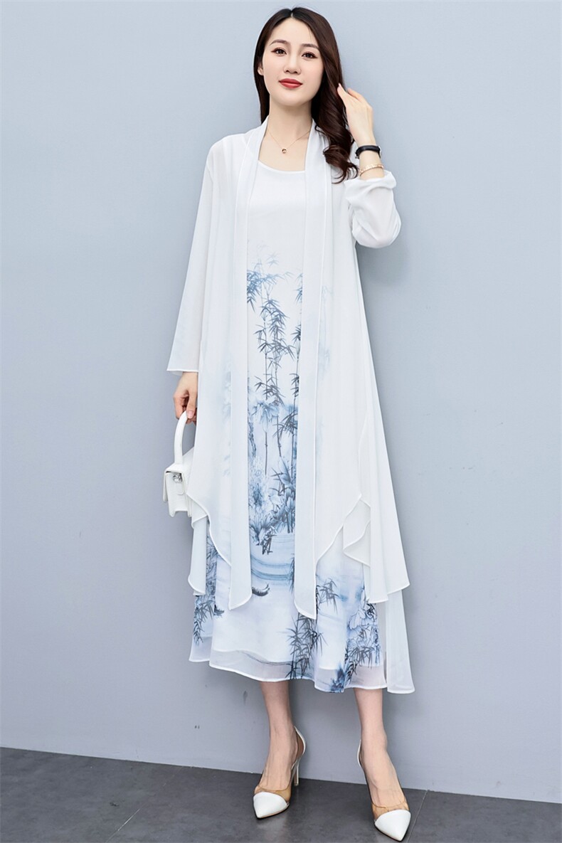 大码防晒衣女夏装新中长款雪纺披肩开衫外套时尚印花连衣裙两件套,女装套装/套裙,秀美人生