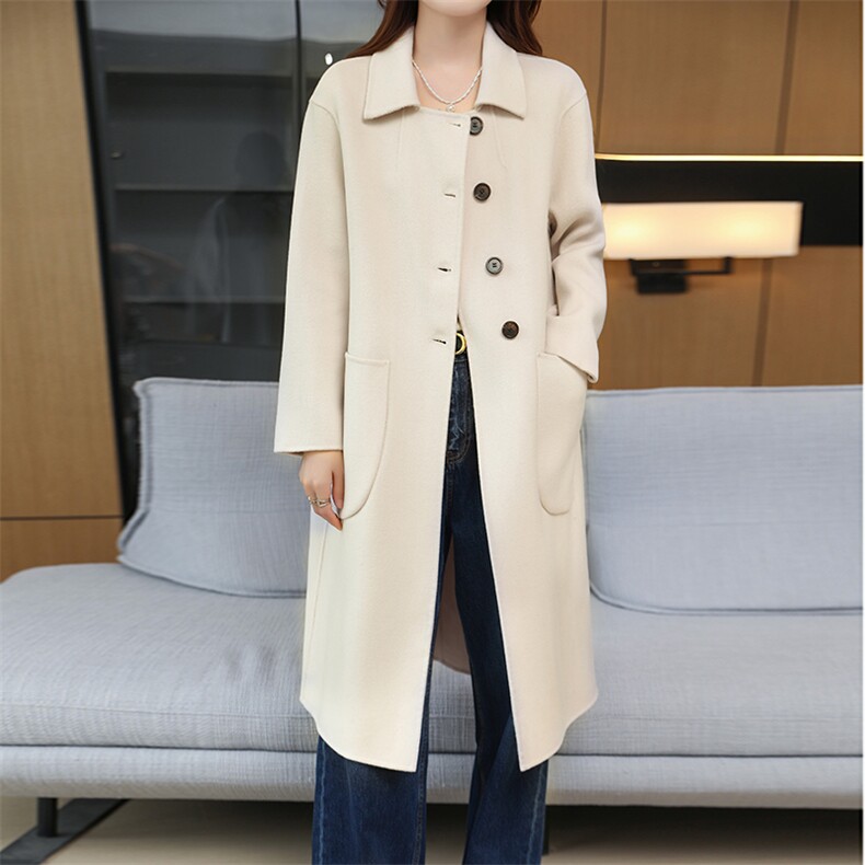 羊毛大衣女中长款秋冬2024新款单排扣简约大气，女装双面呢大衣，鹿展羊绒大衣