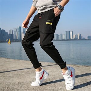 纯棉工装裤男束脚休闲长裤子运动哈伦裤秋季九分裤直筒/图片