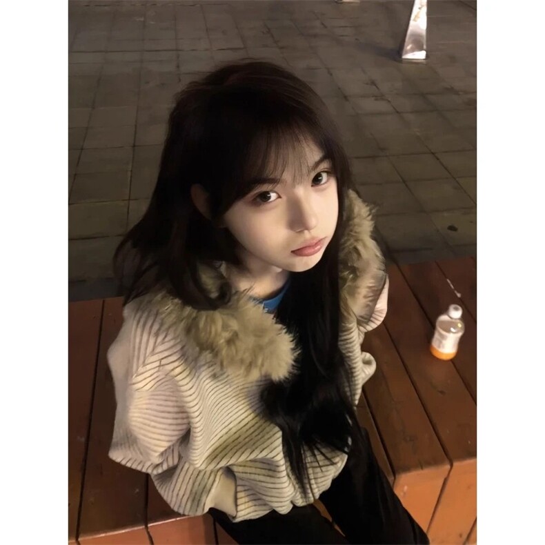 条纹连帽毛领外套男女款秋冬新款装宽松百搭卫衣开衫WY315P88,女装短外套,星座1013-5