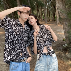 EQ402夏威夷风同色系夏季情侣装衬衫短袖男女夏季沙滩旅游P40，男装衬衫，电商C306-1