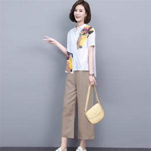 (新品)2024年夏季麻棉两件套女印花T恤阔腿裤中老年妈三年不下架图片