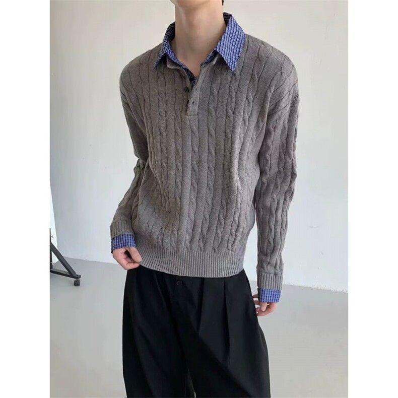 1014-1-MF402-特批70-美式复古绞花假两件毛衣男秋季高级感慵懒风，男装针织衫/毛衣，星座1014-1