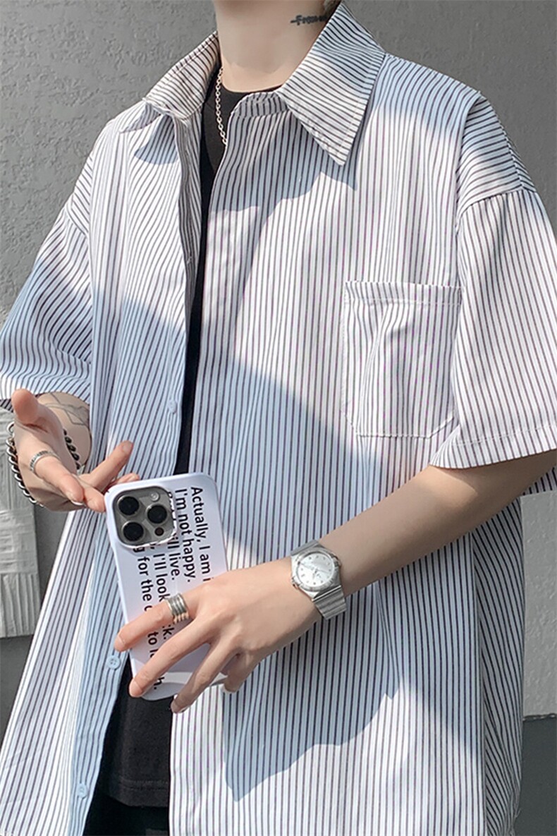 8XL-M条纹短袖衬衫男夏季宽松慵懒风痞帅大码衬衣外套DC28001P40,男装衬衫,电商B312