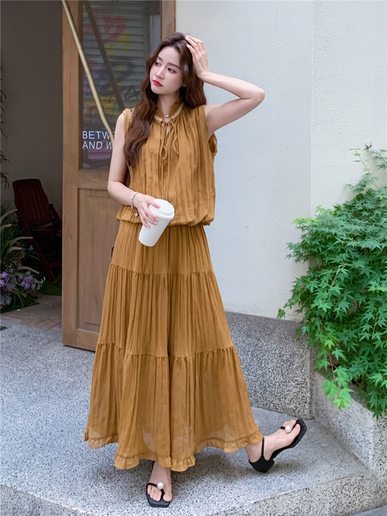 黄色无袖上衣半身裙套装女夏2025新款法式减龄气质长裙两件套爆款,女装套装/套裙,秋水欣儿