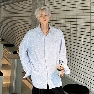 菱格毛边蓝白条纹长袖衬衫男女美式小众宽松衬衣 CS90-P58图片