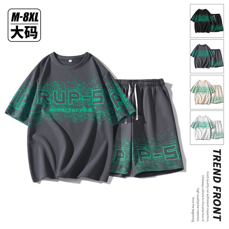 大码套装 潮流时尚日系设计感印花套装男宽松两件套图片