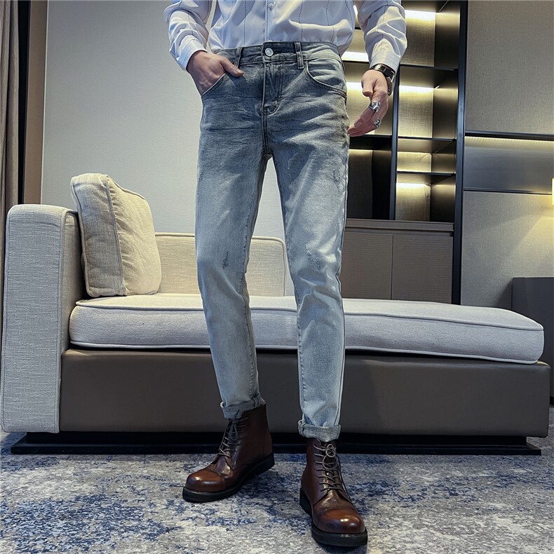 B230潮流百搭复古做旧浅蓝色修身小脚牛仔裤男长期有货款7701P85，男装牛仔裤，电商B230