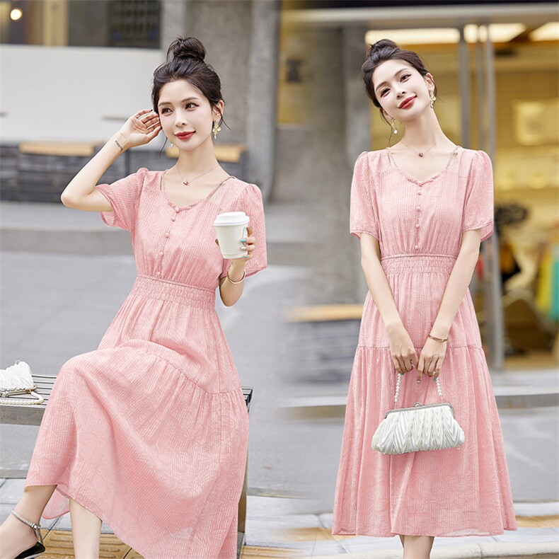时尚气质优雅短袖连衣裙女2025夏季新款收腰显瘦休闲长裙，女装连衣裙，曼琳思菲