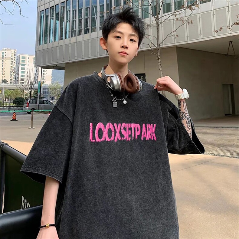 抖音得物供货240克重磅现货宽松美式纯棉水洗做旧印花T恤ATSX03,男装T恤,电商A443